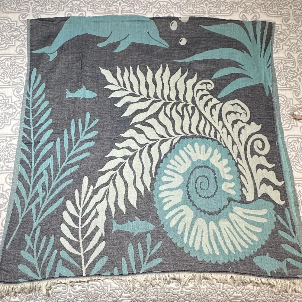 Gray and Teal Nautical Patterned Reversible Beach Towel/Throw Blanket